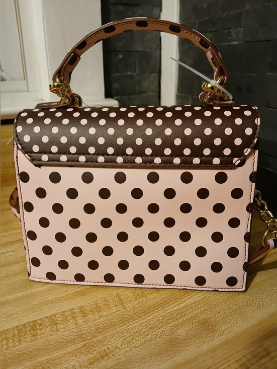 Betsey Johnson NWT Pink & Brown Polka Dot Mini Tote/Crossbody & Fluffy Bag Charm - Picture 4 of 6